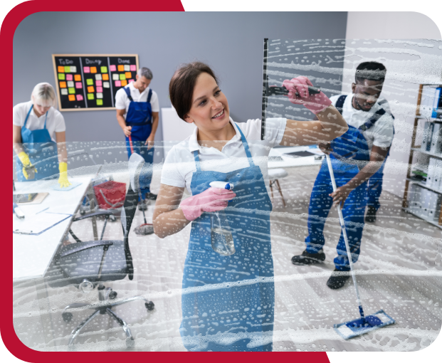 Four people in uniforms cleaning an office space. One woman cleans a glass partition, while others mop the floor and organize desks. A task chart is visible on the wall.